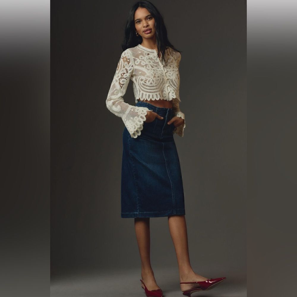 Anthro x Pilcro Denim Midi Skirt with zippered pockets. NWT. 6